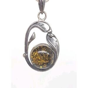 Vintage Amber & Sterling Silver 925 Pendant Necklace Flower Leaves Charm